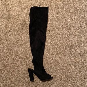 Black open toe thigh high boots